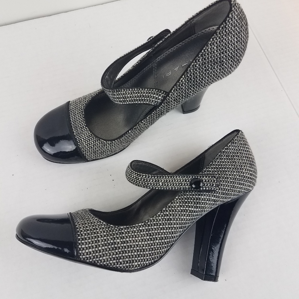 Tahari patented leather and tweed pumps